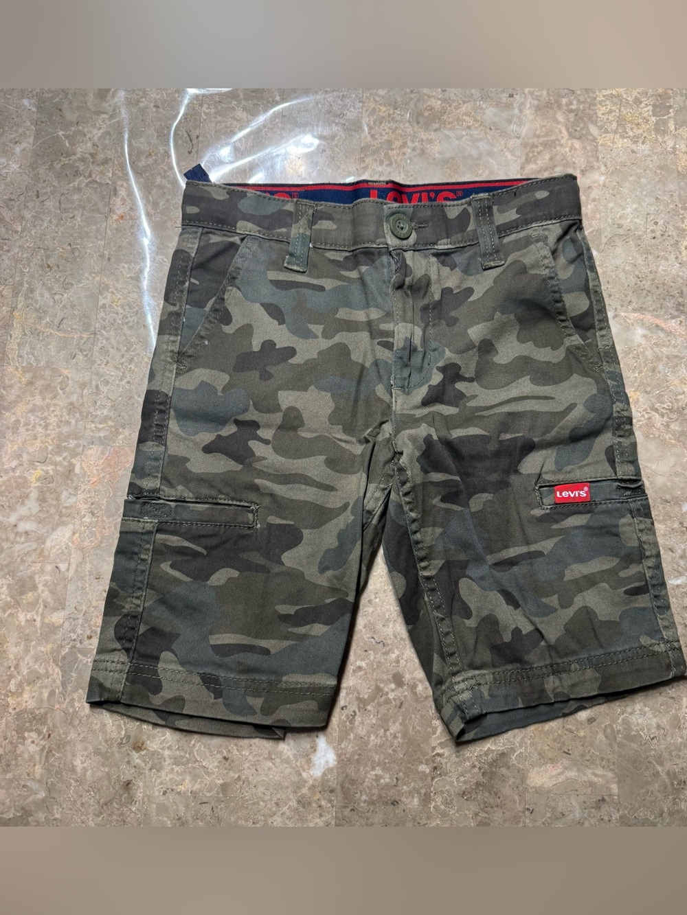 Levi's Boys Camouflage Cargo Shorts featuring a green and brown camo print